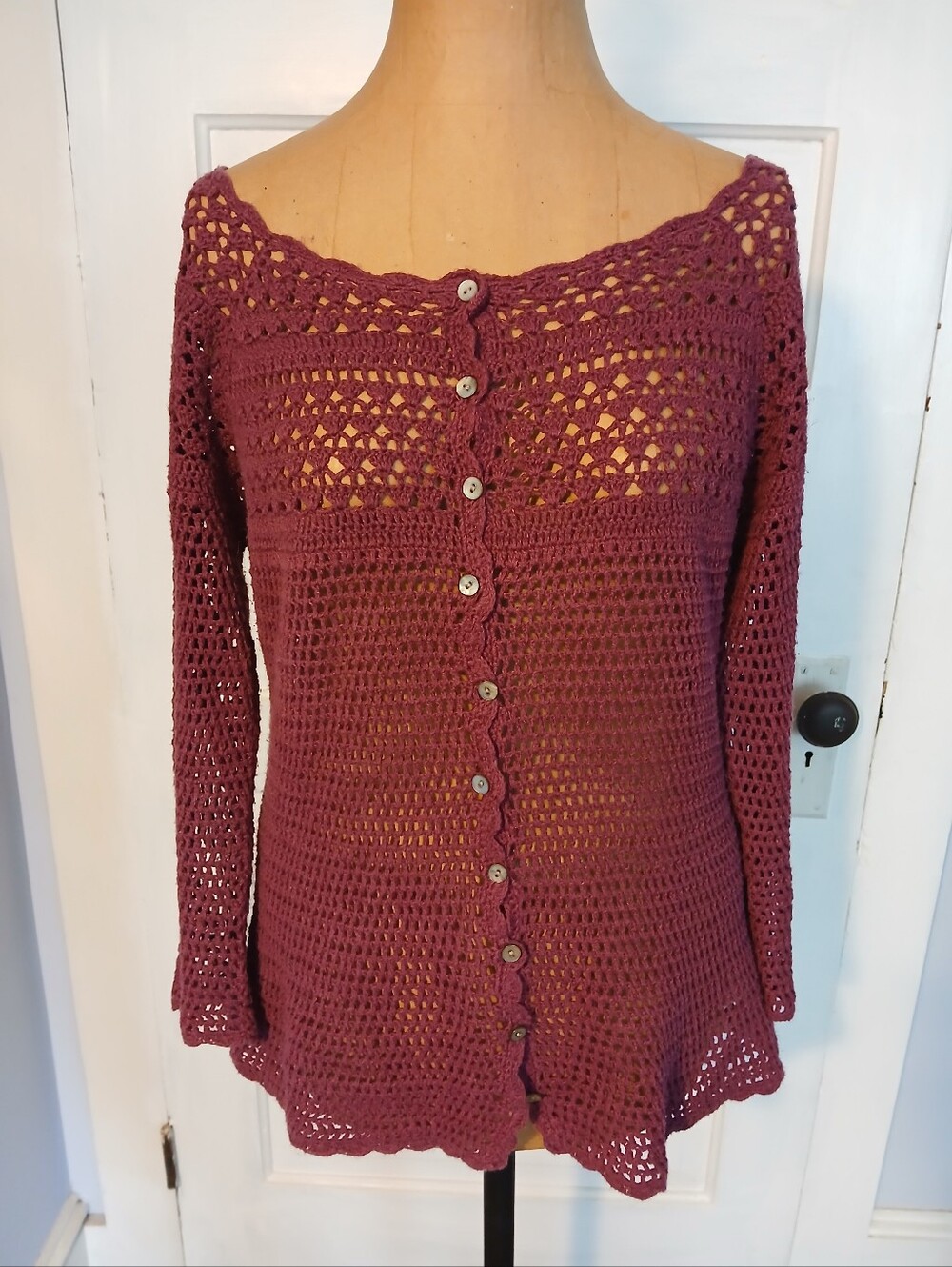 Eddie Bauer Open-Knit Button-Front Women Sweater - Burgundy Medium
